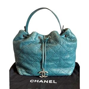 Chanel 2010 Cyan/Teal “On the Road” Glazed Caviar Leather, Matelassé Bucket Bag